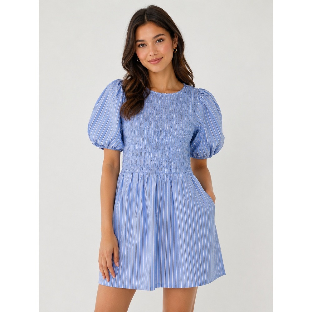 Old Navy Smocked Puff Sleeve Babydoll Mini Dress SZ M Blue White Striped Cotton